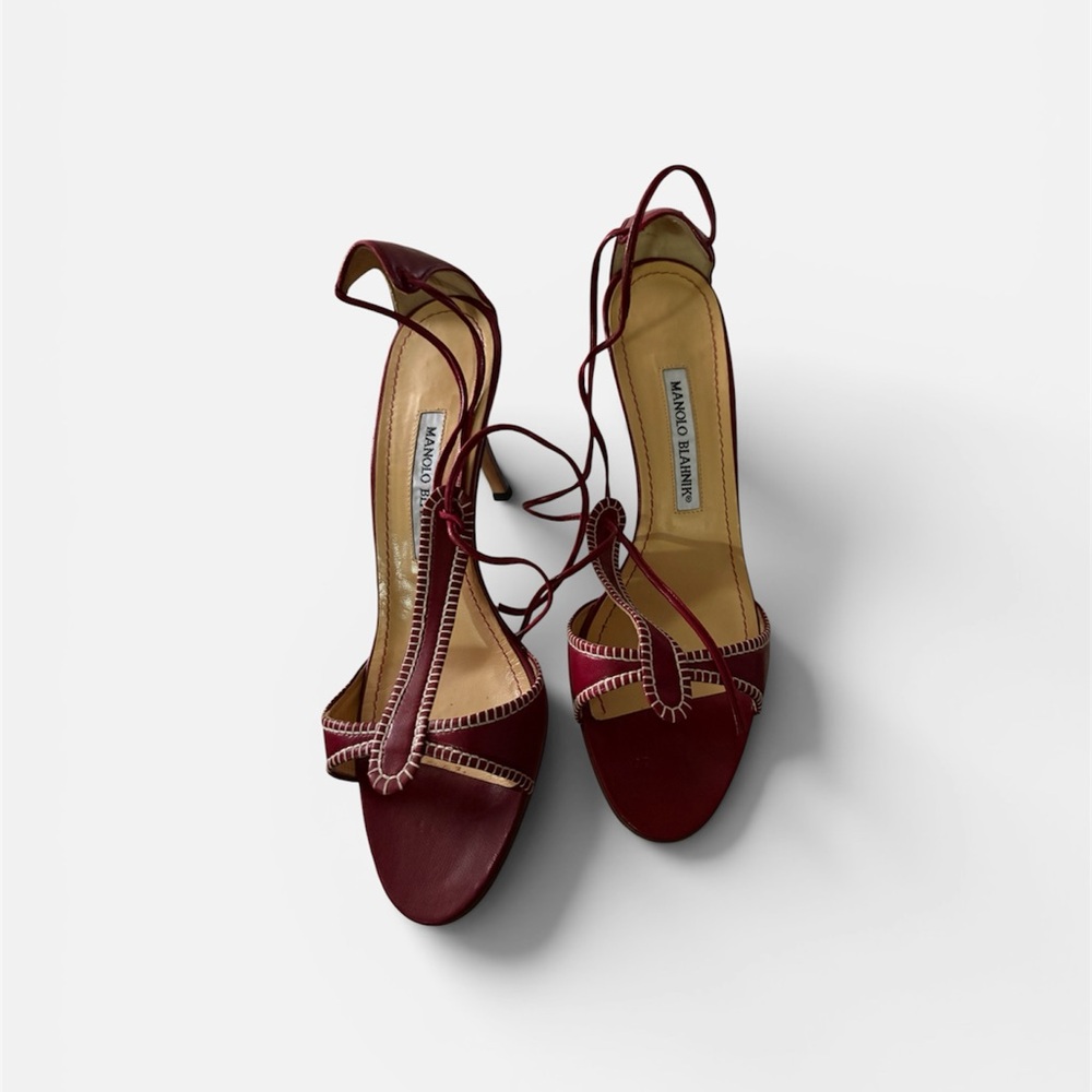 Manolo Blahnik Wine Red Lace-Up Leather Heels - Picture 3 of 3